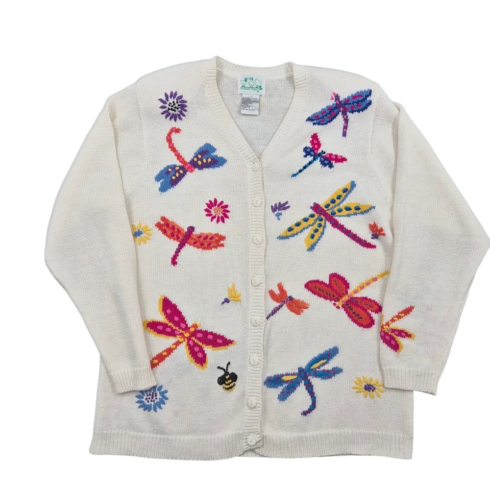 Quacker Factory Vintage Dragonfly Embroidered Cardigan Cream Ramie Cotton Large